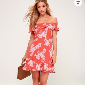 Sweetest Retreat Coral Pink Floral Print Off-the-Shoulder Dress - Medium - NWT